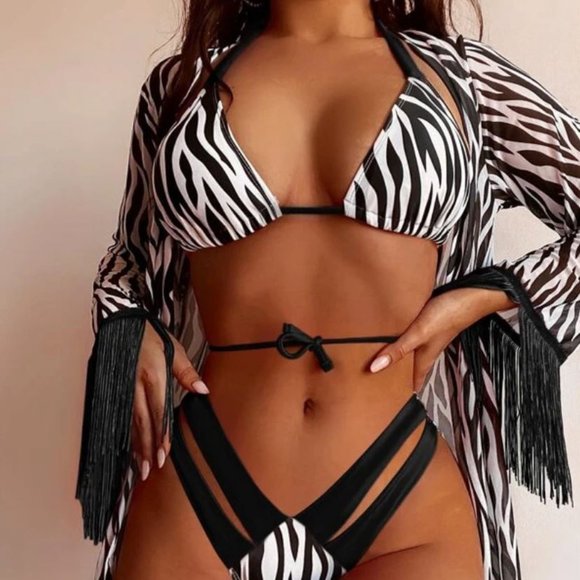 Zebra Print Beach Set, Fringe Mesh Coverup Robe, High Cut Bikini (L-XL) - Picture 3 of 5